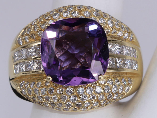 Bague Bague Vintage Coussin améthyste et diamants mixtes en or jaune 58 Facettes BA-1319