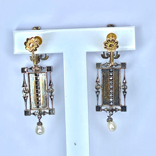 Boucles d'oreilles Boucles d’oreilles or jaune et argent, turquoises, diamants, perles fines, vers 1880 58 Facettes AB543
