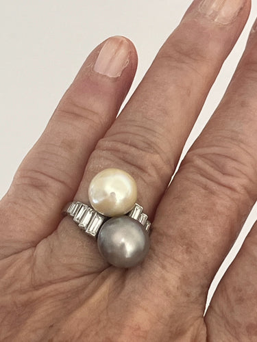 Bague 47.5 Bague Toi & Moi Or Gris, Perles Akoya et Tahiti, Diamants 58 Facettes LOT 6392