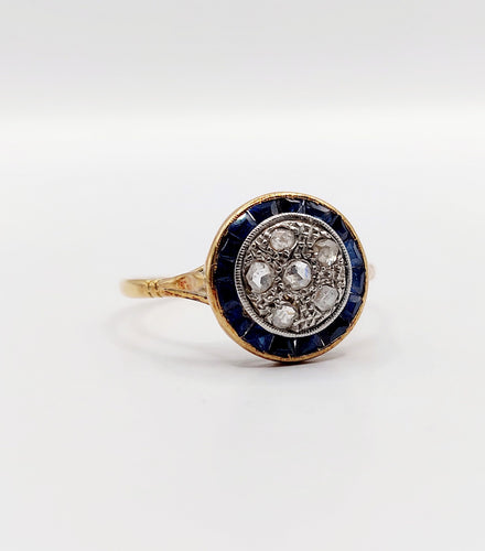 Bague 59 Bague cible Art déco en or 18k, diamants et saphirs synthétiques 58 Facettes A06447