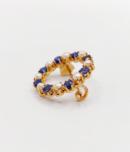 18k黄金古董胸针，镶有珍珠和蓝色宝石 