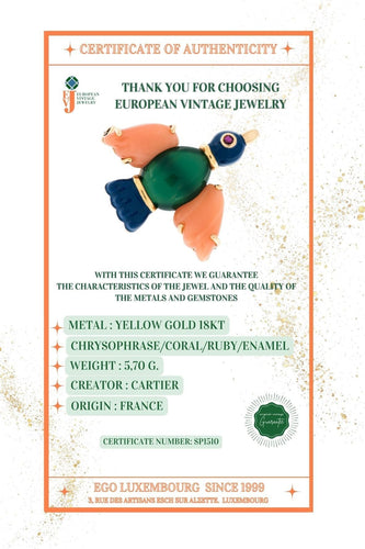 CARTIER - Vogelbroche, geel goud, roze koraal, chrysopraas, robijn, blauw email