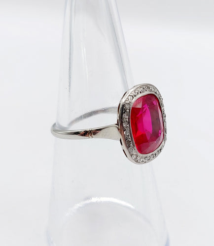 Ring Art Deco white gold, synthetic ruby and rose-cut diamonds (circa 1930) 
