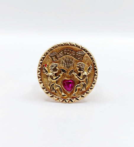 Bague 55 Bague vintage "il bat pour toi" or rose, angelots sculptant un coeur en rubis synthétique 58 Facettes A05267