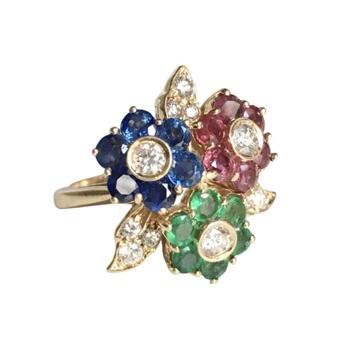 Bague 51 Bague fleurs or jaune, saphirs et rubis et émeraudes et diamants 58 Facettes