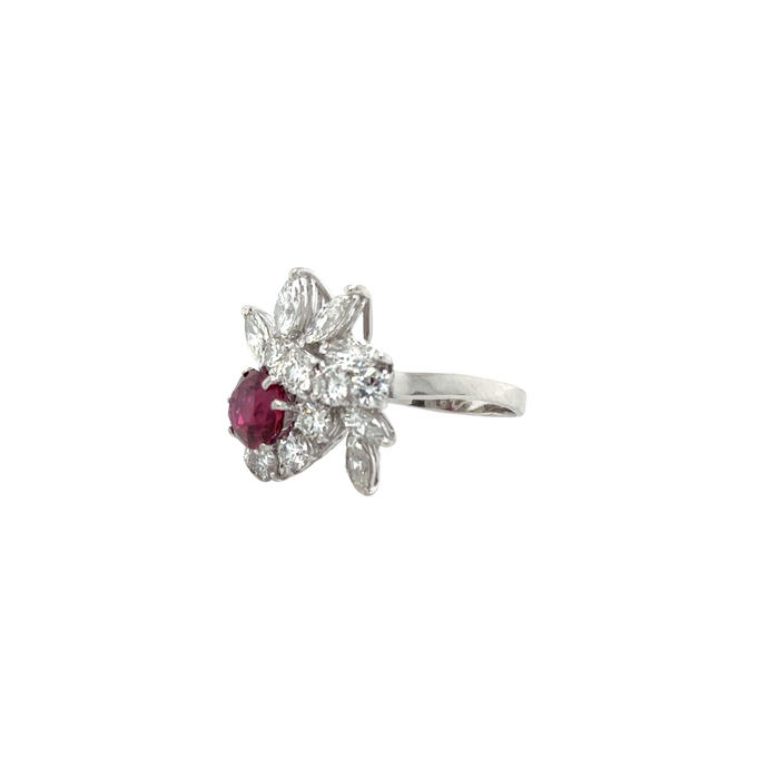 70s Cocktail Ring White Gold Ruby Diamonds