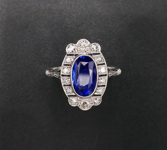 Bague 55 Bague Art Déco en or blanc, saphir naturel et diamants 58 Facettes B59-04