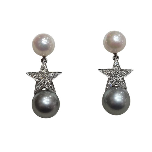 Boucles d'oreilles Boucles d'oreilles en perles avec une étoile en diamants, en or blanc et jaune 18 carats 58 Facettes PE238TA159