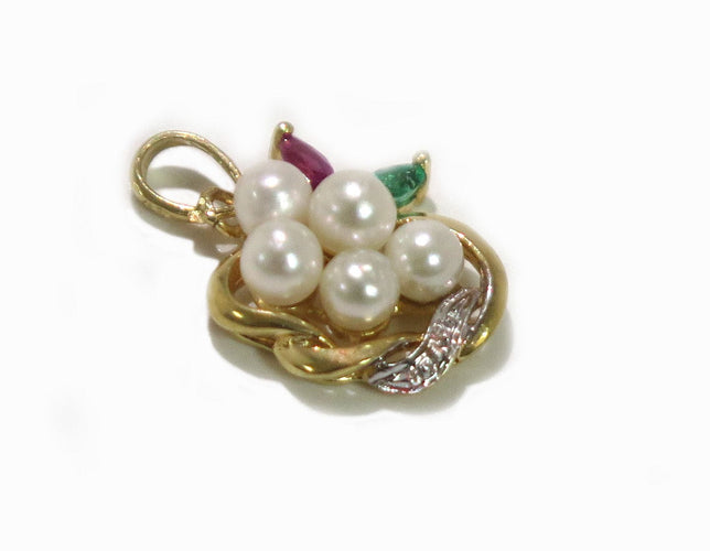 Oude hanger met smaragd, robijn en parels 