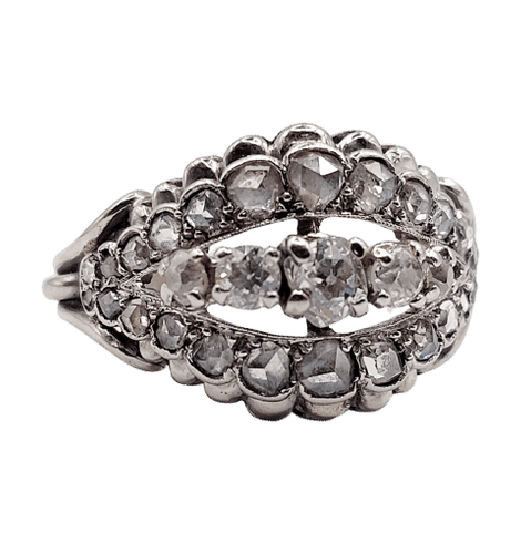 Bague 53.5 Bague bombée Art déco en or blanc 18k et platine, diamants taille ancienne et roses 58 Facettes A06454
