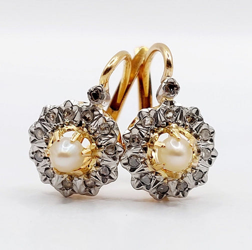 Boucles d'oreilles Dormeuses marguerite antique or 18k perle et diamants taille roses (circa 1900) 58 Facettes A05918