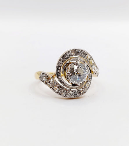 Bague 56 Bague tourbillon or jaune et platine, diamant taille ancienne 0.80 carat (circa 1900) 58 Facettes A06327