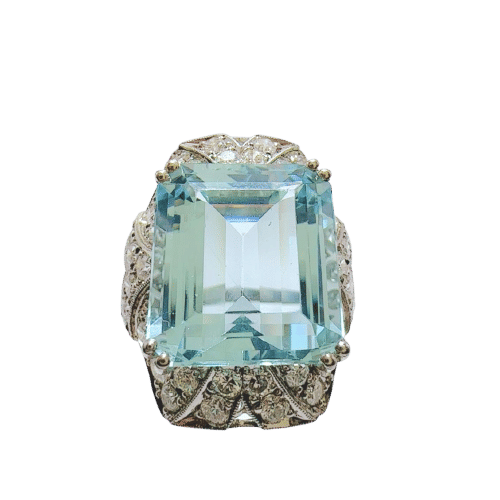 Ring i Art Deco stil i Platin med central akvamarin og diamanter 