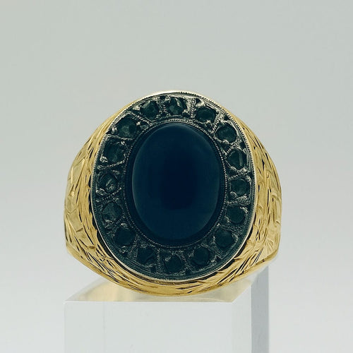 Bague 53 Bague en or jaune et platine avec cabochon de saphir bleu et diamants anciens 58 Facettes 50320