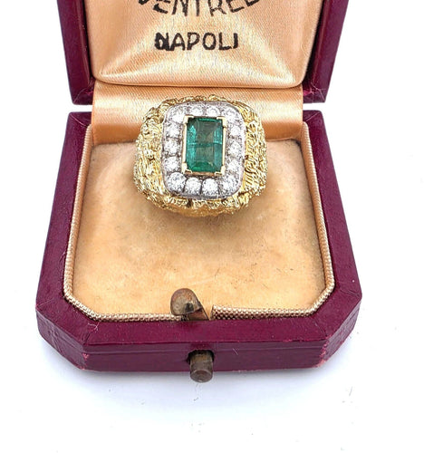 Bague 48 Superbe bague vintage en or jaune massif avec émeraude et diamants 58 Facettes