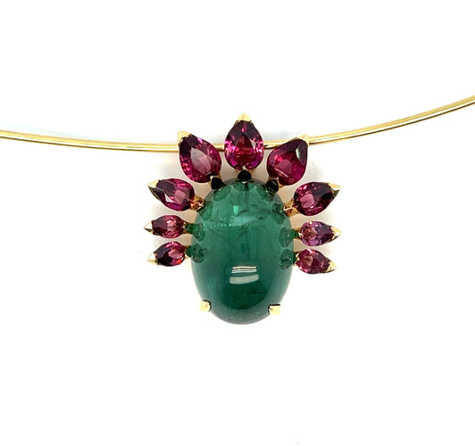 Collier Collier Ras-de-Cou en Or Jaune avec Tourmaline Verte et Grenats Rhodolites 58 Facettes