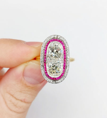 Bague 57 Bague marquise art déco en or 18k et platine, diamants et rubis 58 Facettes A06578