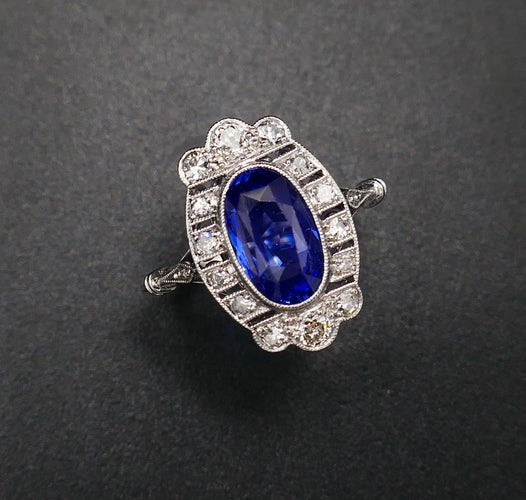 Bague 55 Bague Art Déco en or blanc, saphir naturel et diamants 58 Facettes B59-04