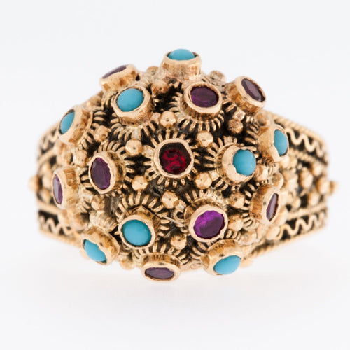 Bague 60.5 Bague Art Déco or jaune 19 carats, turquoise et rubis 58 Facettes