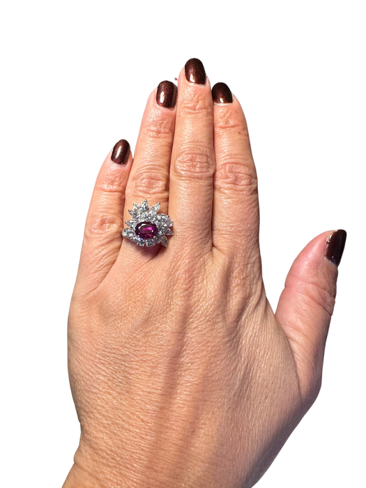 70s Cocktail Ring White Gold Ruby Diamonds