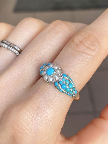Bague 58 Bague fleur ancienne or jaune, perles, turquoises 58 Facettes