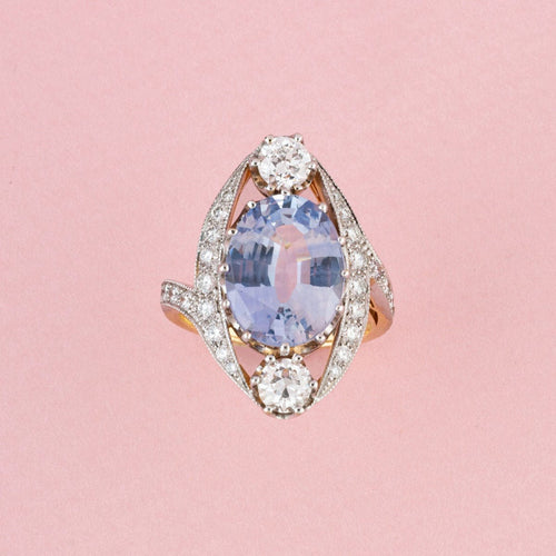 Bague 53 Bague Belle Époque en or jaune et blanc 18k, saphir de Ceylan et diamants 58 Facettes