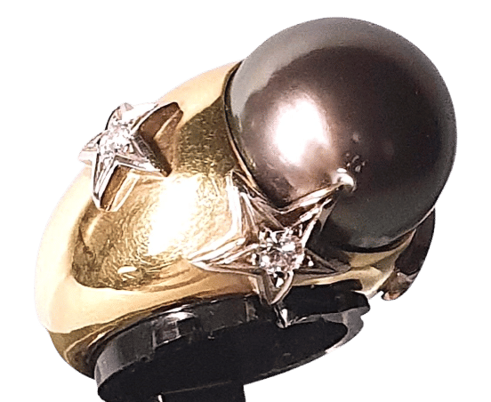 Bague Bague vintage jonc or jaune, perle de TahitiI et motifs étoilés diamants 58 Facettes C 309