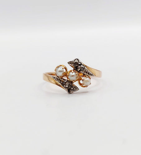 Bague antique perles et diamants taille rose en or rose 18k art nouveau