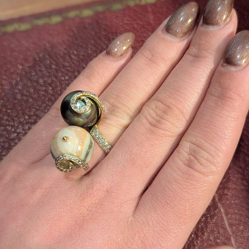 Bague Bague cocktail en or jaune perle grise de Tahiti et agate 58 Facettes 32034