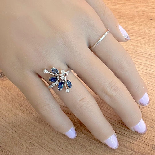 Bague 52 Bague fleur Saphirs et Diamants Or blanc 18 K 58 Facettes AA 1737