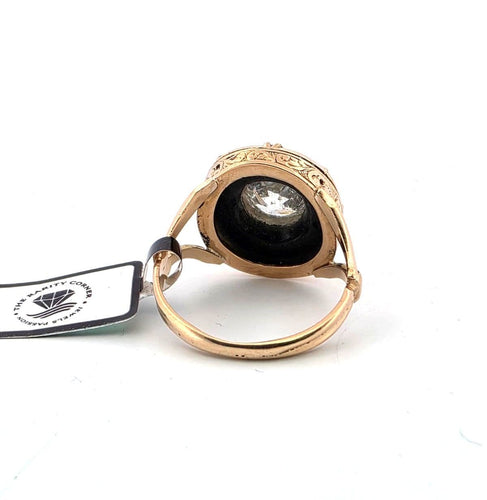 Bague 61 Bague victorienne ancienne en or jaune avec un gros diamant de 3,52 carats et un onyx taillé à la main 58 Facettes