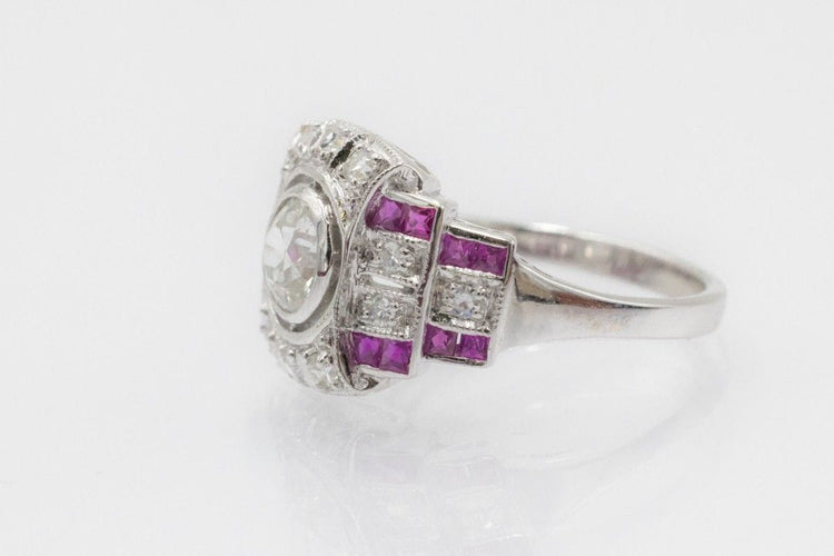Bague 54 Bague Art Déco géométrique en or blanc 14k avec diamants et rubis 58 Facettes 11204