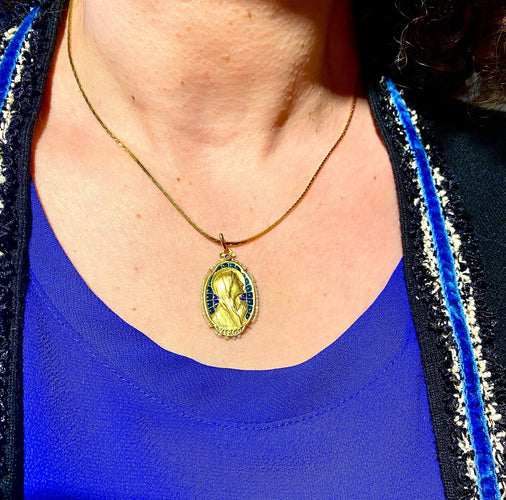 Pendentif Médaille vierge émail perles fines signée SELLIER 58 Facettes AB164