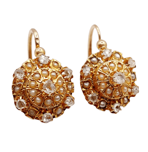 Boucles d'oreilles Dormeuses marguerite antique or rose 18k diamants et perles (circa 1900) 58 Facettes A06102