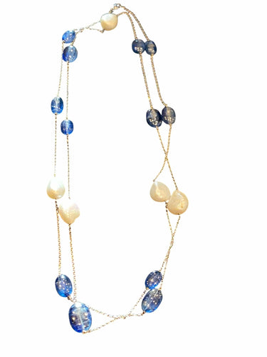 Collier Long sautoir Técla or blanc, perles et saphirs 58 Facettes