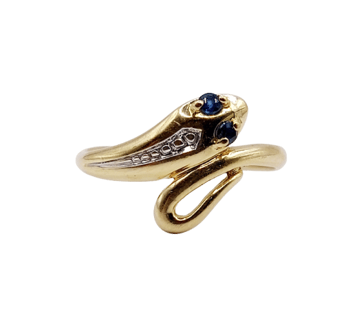 Vintage prsten ve tvaru hada ze zlata 18k a s malými safíry 