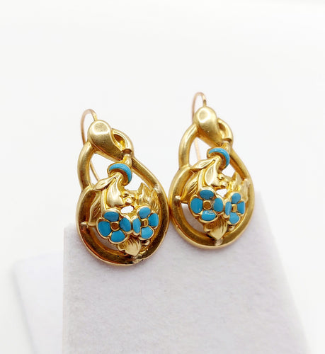 Cercei dormeuse victoriană aur 18k flori și email albastru (circa 1890) 