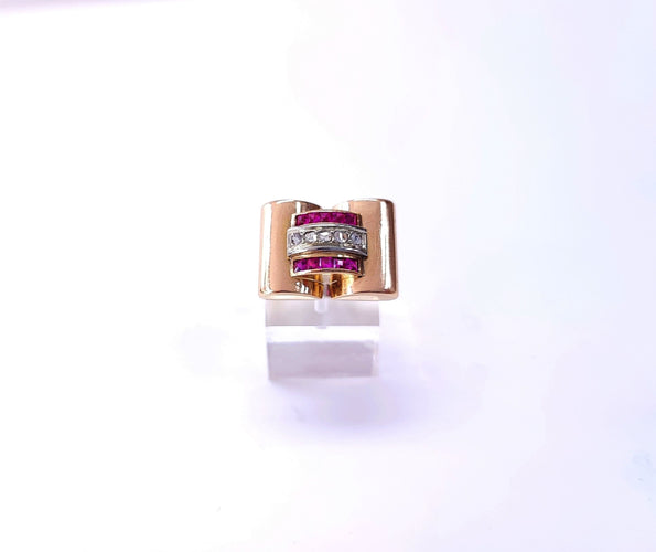 Bague 53 Bague tank en or rose, rubis et diamants 58 Facettes DV.47-tank