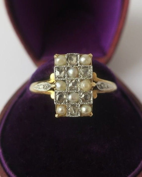 Bague 54 Bague ancienne damier diamants perles or jaune et platine 58 Facettes