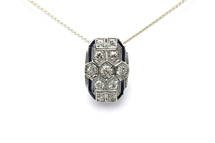 Privesak Art Deco od belog zlata 18k sa safirima, brilijantski dijamanti 