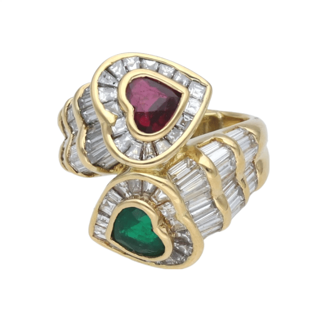 Gelbgold-Diamant-Rubin-Smaragd-Ring
