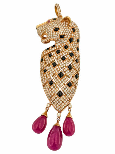 Pendentif Pendentif panthère en or rose avec diamants, onyx et rubis 58 Facettes