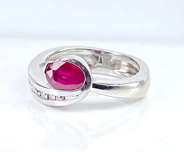 Bague 53 Bague or blanc rubis diamants 58 Facettes AB645