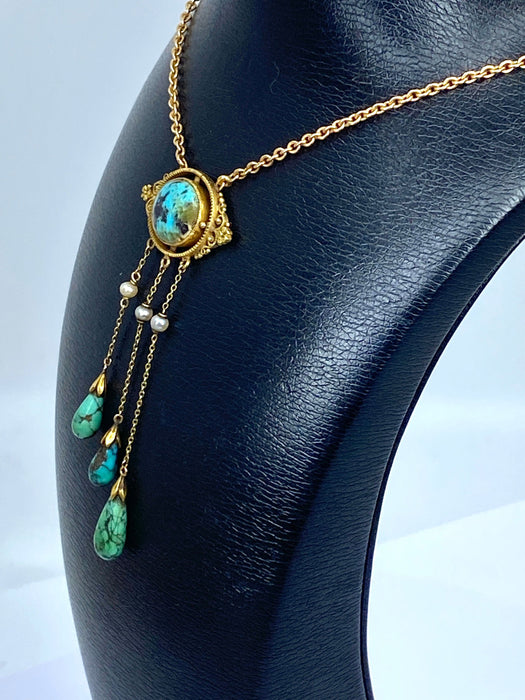 Collier Collier or jaune turquoises et perles fines, époque 1900 58 Facettes AB368