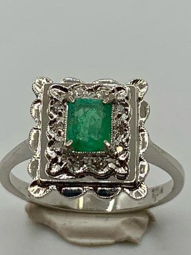 Bague 56 Bague vintage Or blanc Emeraude Diamants 58 Facettes