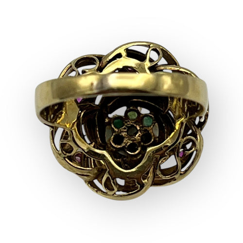 Emerald and ruby cabbage ring