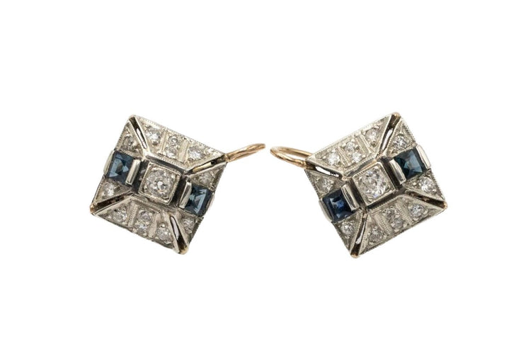 Boucles d'oreilles Boucles d'oreilles géométriques Art Déco avec diamants et saphirs, Autriche-Hongrie. 58 Facettes 11281