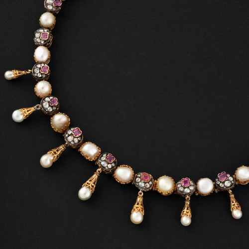 Collier Collier rivière en or et argent, diamants, rubis, perles fines - Vers 1870 Second Empire - Certificat LFG 58 Facettes A3148