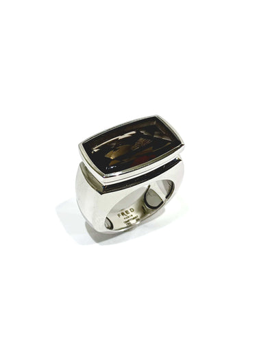 Bague 56 FRED – Bague or blanc et quartz fumé 58 Facettes