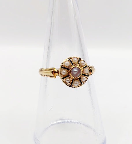 Bague 53 Bague cible antique or jaune 18k perles et émail noir (circa 1900) 58 Facettes A06001